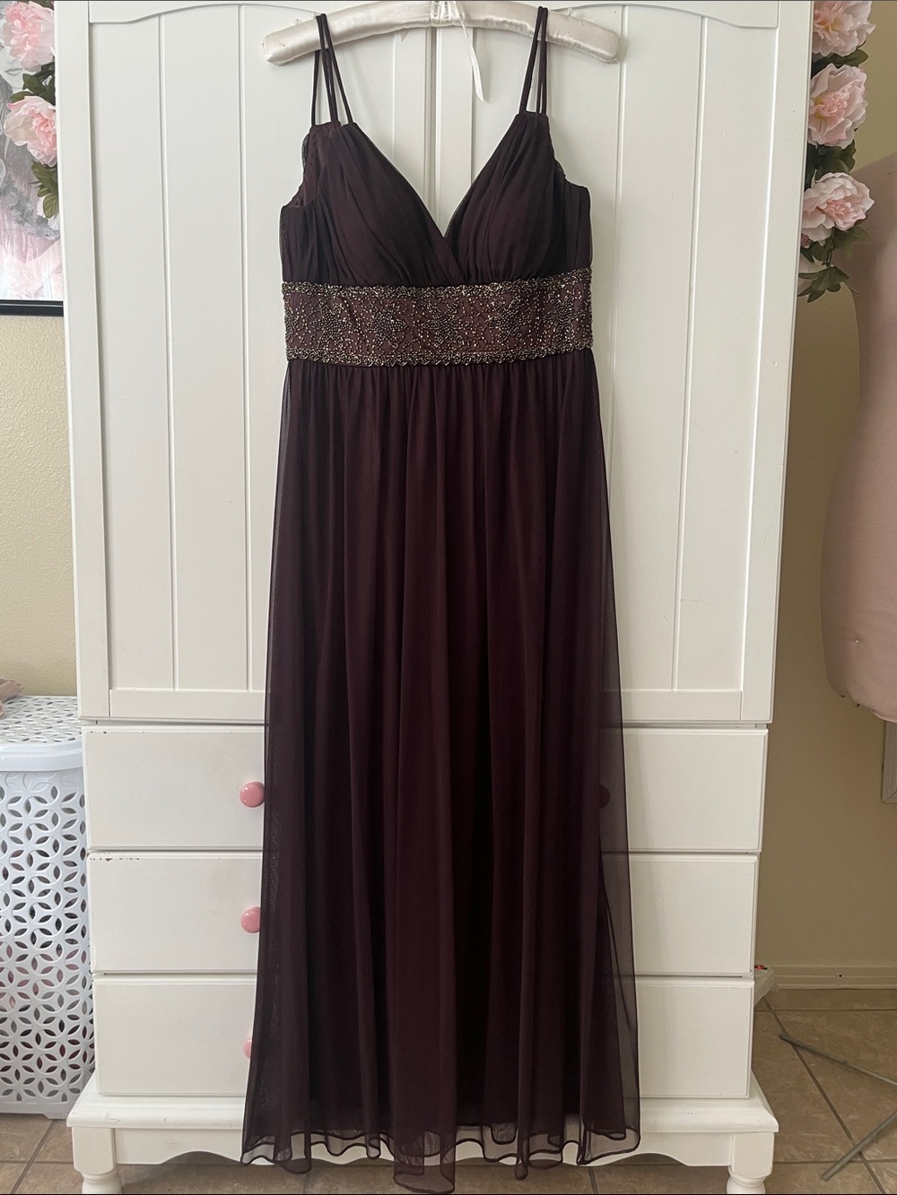 Elegant Brown Chiffon Evening Dress, Bronze & Iridescent Beading w/ Sheer Wrap